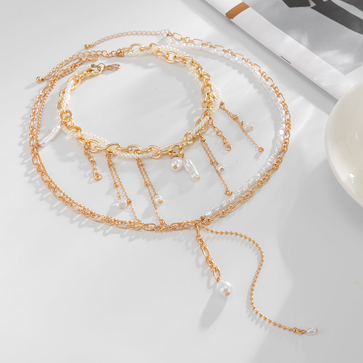 Pearl and Goldtone Beads Tassel Drop Necklace Set, gold pendant necklace for women, everyday style, detail close-up