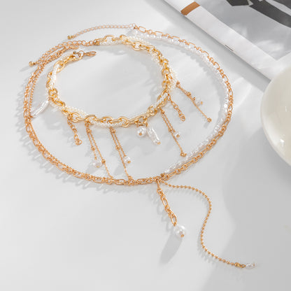 Pearl and Goldtone Beads Tassel Drop Necklace Set, gold pendant necklace for women, everyday style, detail close-up