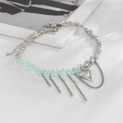 Light Green Acrylic and Silvertone Heart Pendant Tassel Necklace, botanical inspired, side view