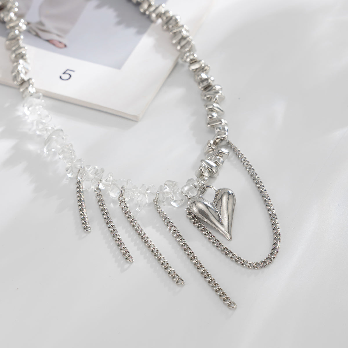 Clear Acrylic and Silvertone Heart Pendant Tassel Necklace, everyday style, detail close-up