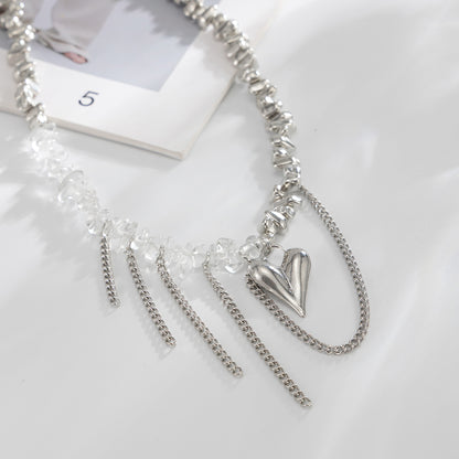 Clear Acrylic and Silvertone Heart Pendant Tassel Necklace, everyday style, detail close-up