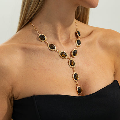 Tiger's Eye‌ and Goldtone Oval Station Y-Necklace, elegant gift for her, styled look