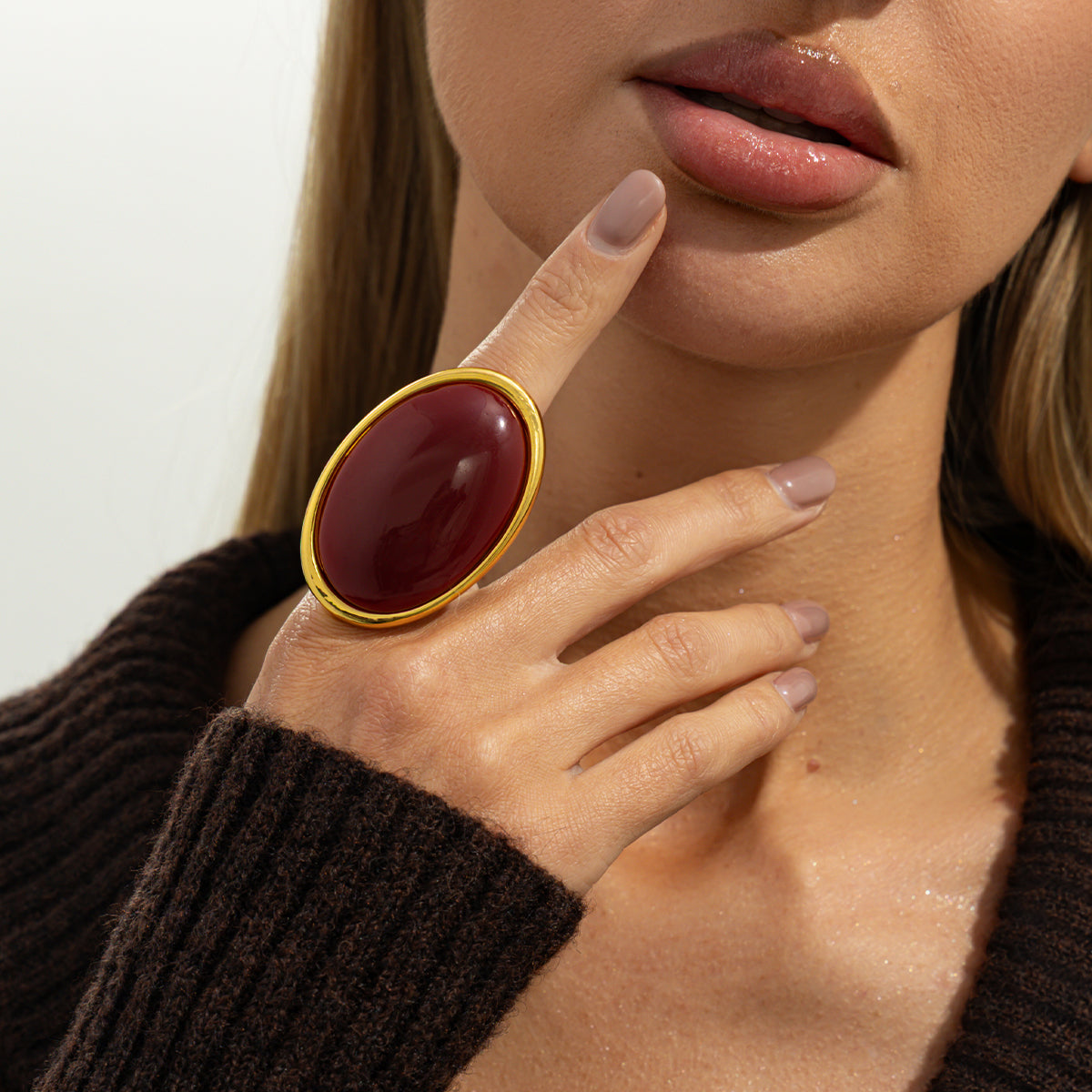 Red Resin and Goldtone Oval Statement Open Ring, vintage-inspired design, lifestyle look