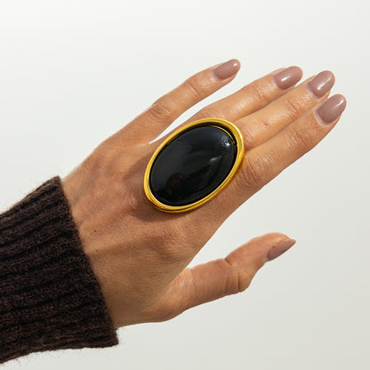 Black Resin and Goldtone Oval Statement Open Ring, everyday style, lifestyle look