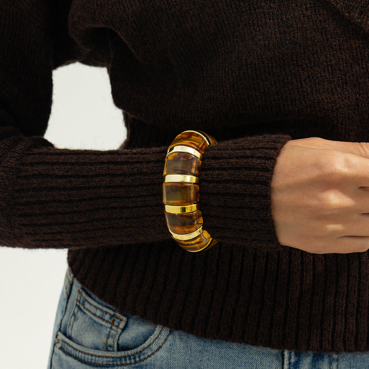 Light Amber Resin and Goldtone Oval Station Stretch Bracelet, elegant gift for her, styled look