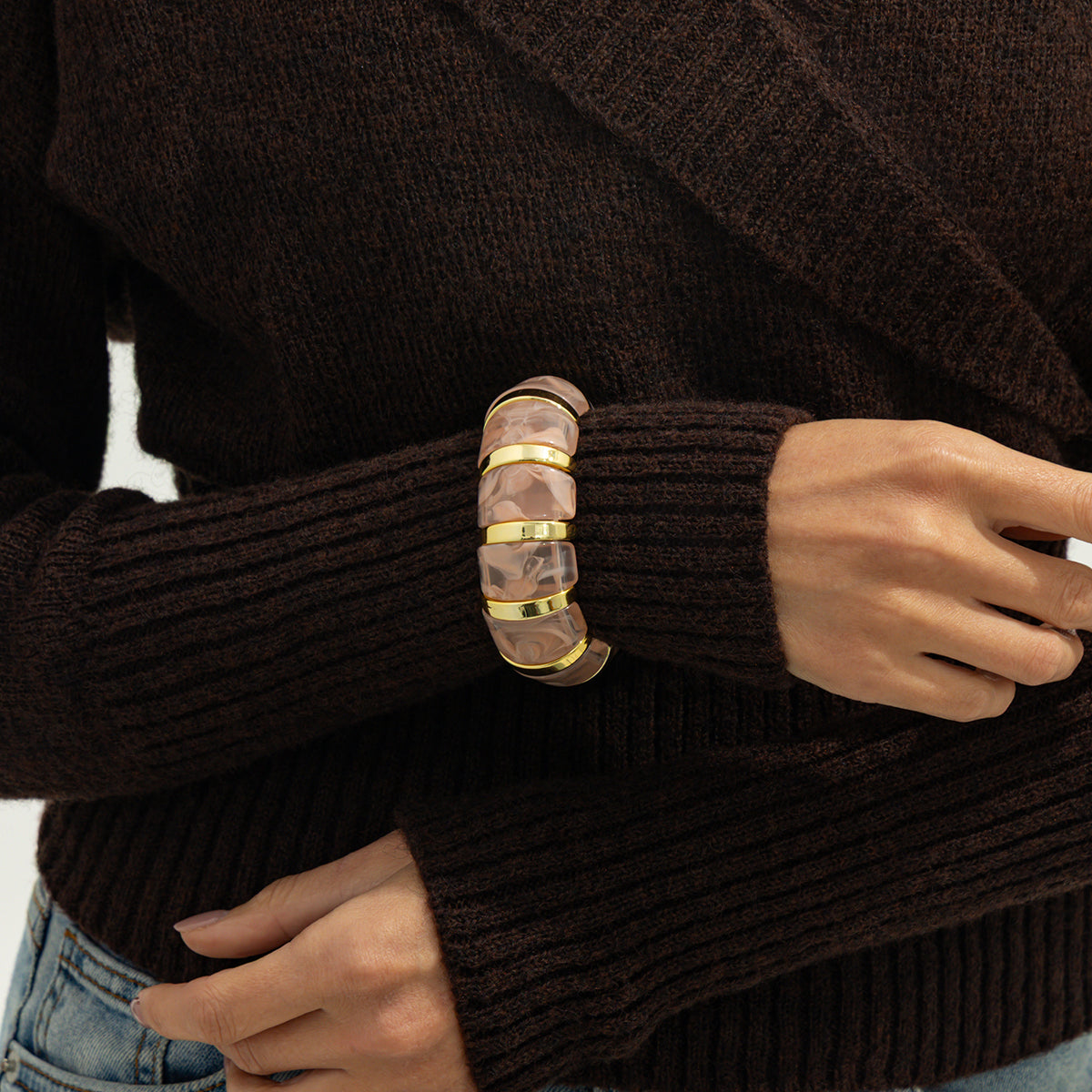 Pink Resin and Goldtone Oval Station Stretch Bracelet, dainty minimalist design, styled look