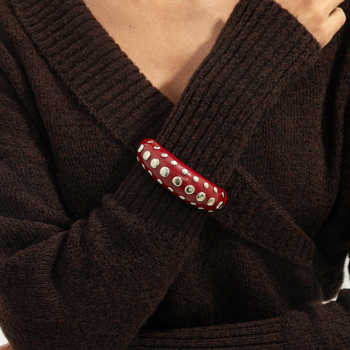Red Resin and Silvertone Layered Spot Cuff, silver bracelet for women, vintage-inspired design, lifestyle look