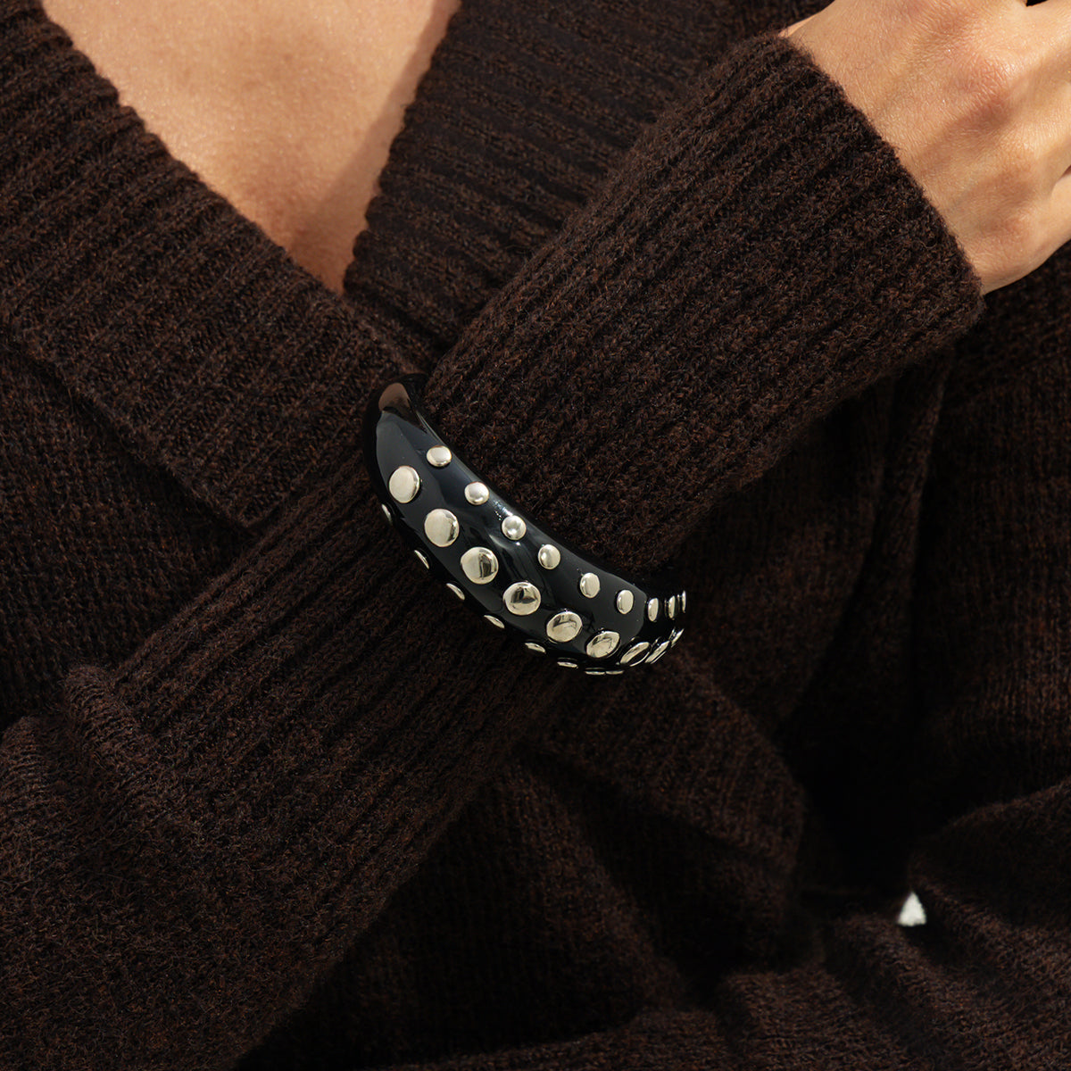 Black Resin and Silvertone Layered Spot Cuff, silver bracelet for women, vintage-inspired design, lifestyle look
