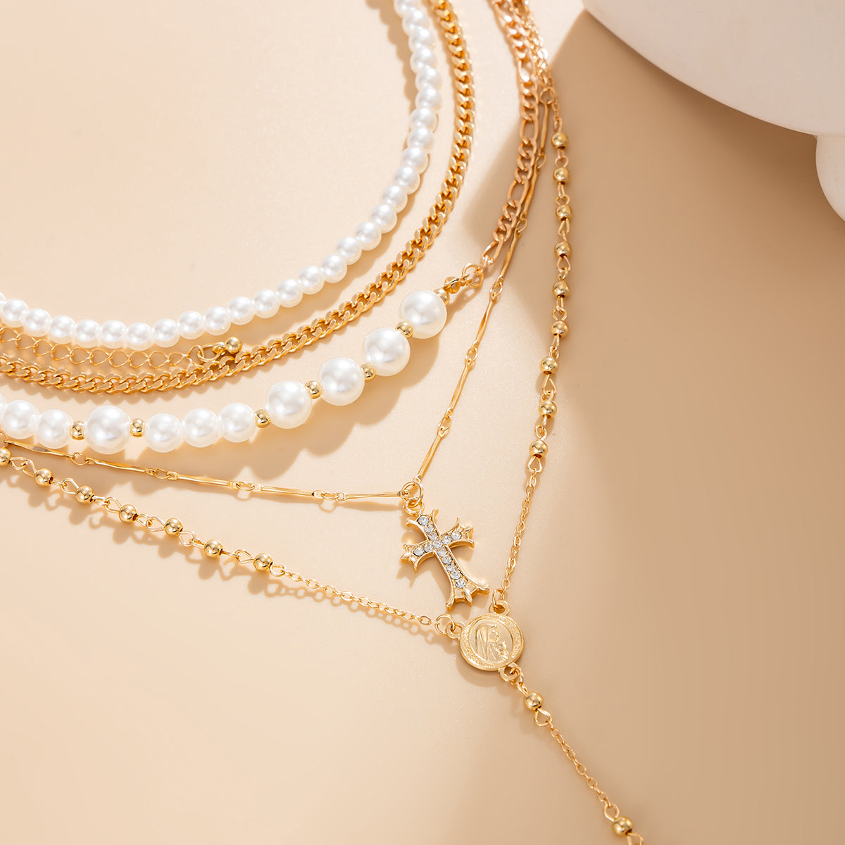Cubic Zirconia & Pearl Goldtone Beaded Chain Cross Drop Necklace Set