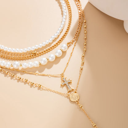 Cubic Zirconia & Pearl Goldtone Beaded Chain Cross Drop Necklace Set