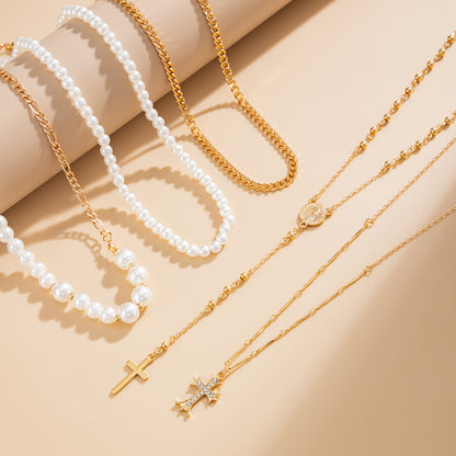 Cubic Zirconia & Pearl Goldtone Beaded Chain Cross Drop Necklace Set