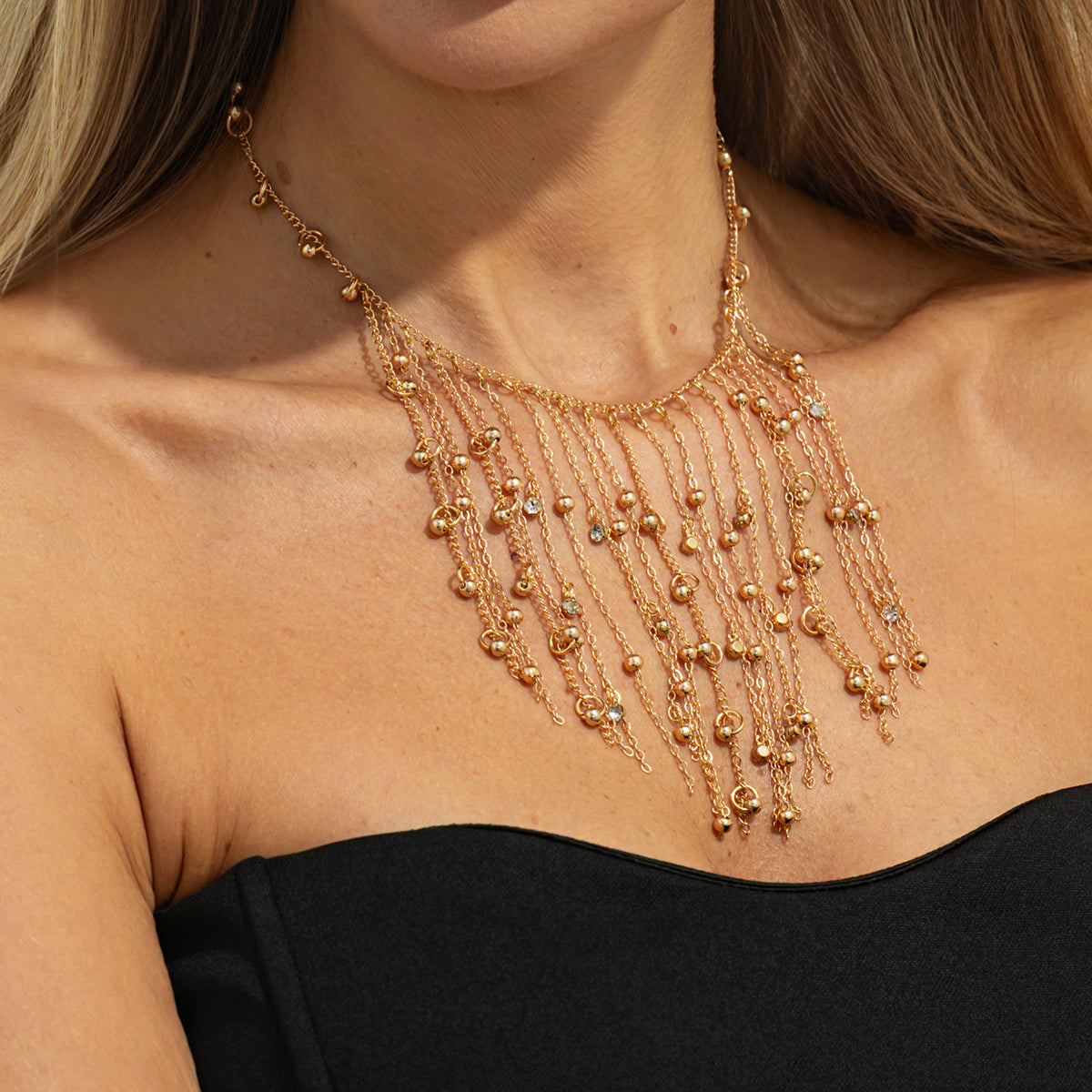 Cubic Zirconia and Goldtone Beaded Tassel Collar Necklace, elegant gift for her, styled look