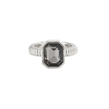 Black Crystal and Silvertone Rectangle Open Ring, vintage-inspired design, front view