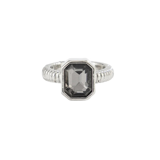 Black Crystal and Silvertone Rectangle Open Ring, vintage-inspired design, front view