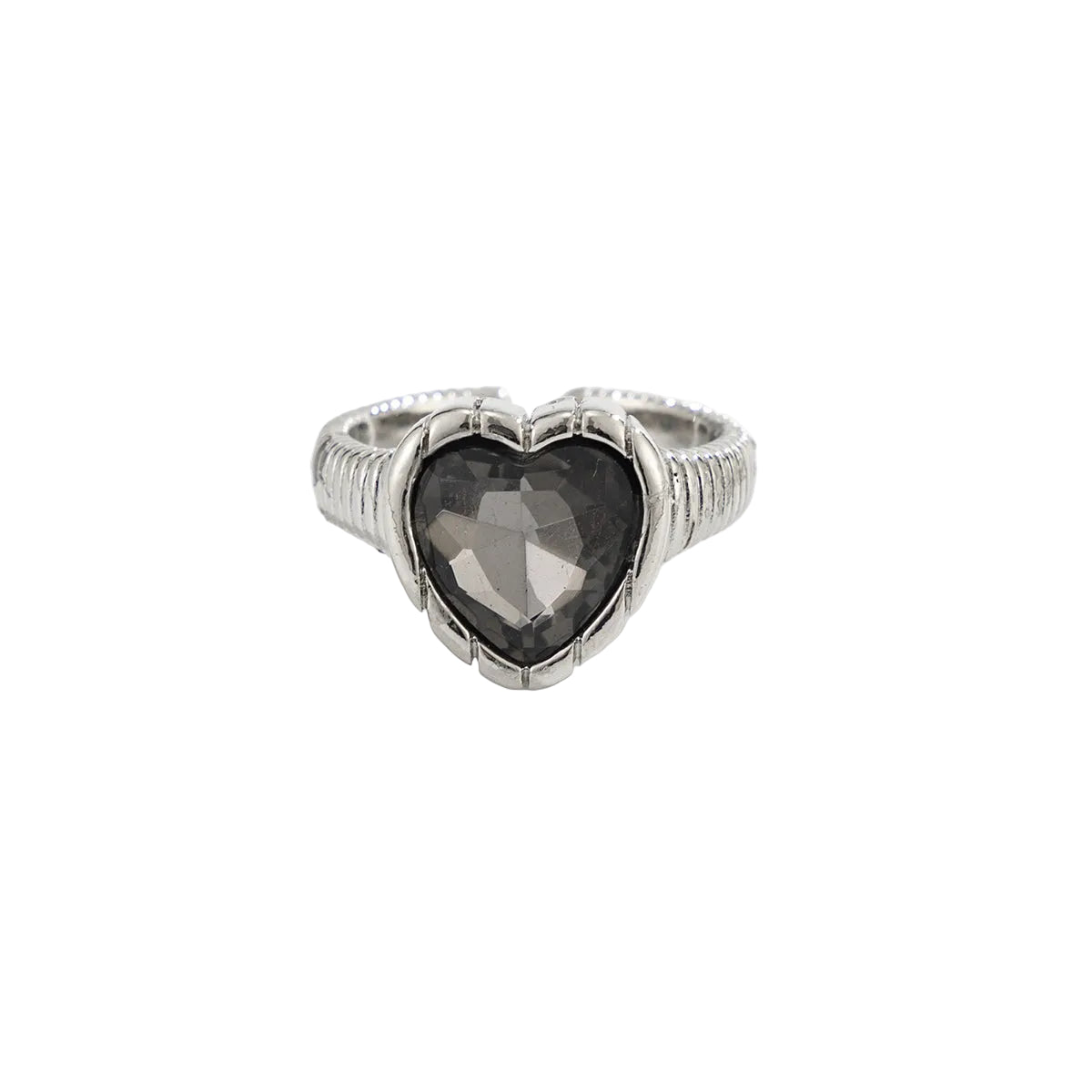 Black Crystal and Silvertone Heart Open Ring, elegant gift for her, front view