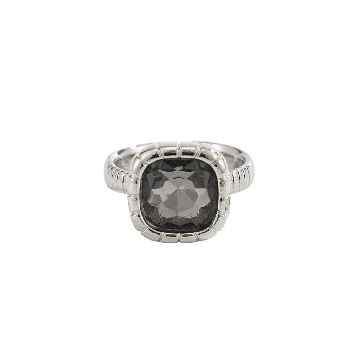 Black Crystal and Silvertone Square Open ring, everyday style, front view