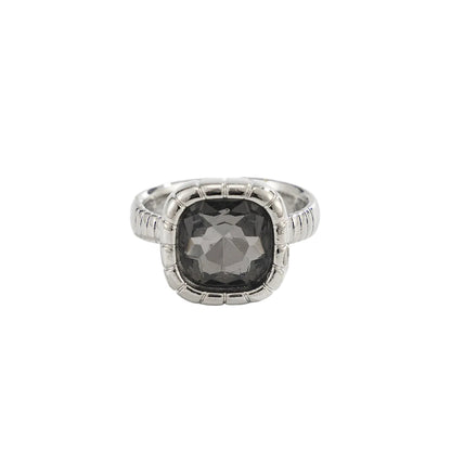 Black Crystal and Silvertone Square Open ring, everyday style, front view