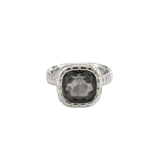 Black Crystal and Silvertone Square Open ring, everyday style, front view