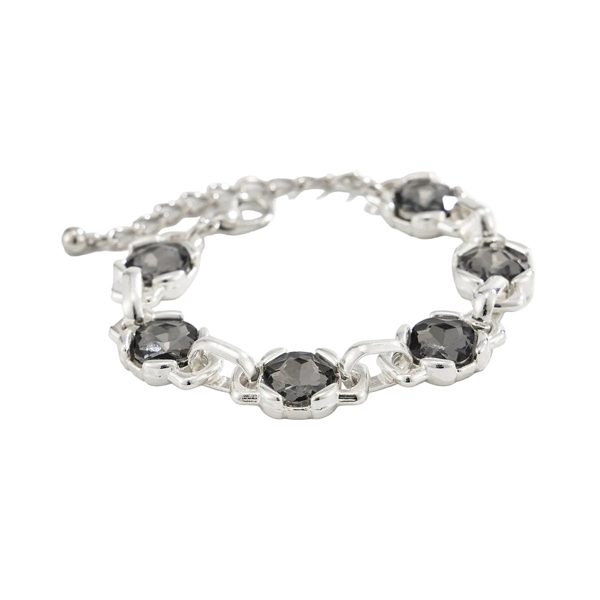 Gray Crystal and Silvertone Square Charm Station Bracelet, everyday style, front view