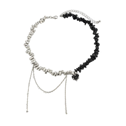 Black Acrylic and Crystal Silvertone Heart Tassel Patchwork Collar Necklace, vintage-inspired design, front view