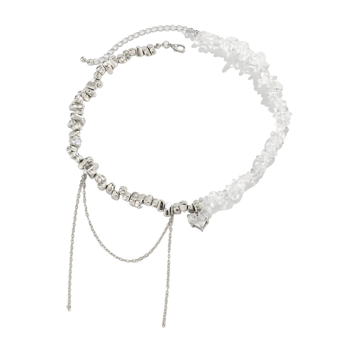 Clear Acrylic and Crystal Silvertone Heart Tassel Patchwork Collar Necklace, vintage-inspired design, front view