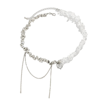 Clear Acrylic and Crystal Silvertone Heart Tassel Patchwork Collar Necklace, vintage-inspired design, front view