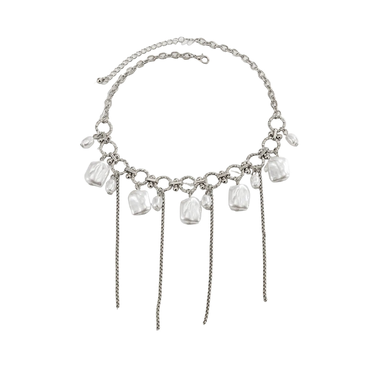 Baroque Pearl and Silvertone Circle Link Tassel Collar Necklace, botanical inspired, front view