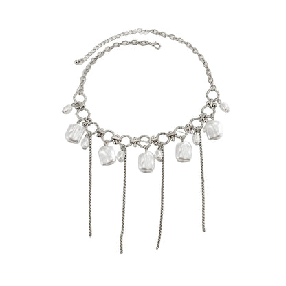 Baroque Pearl and Silvertone Circle Link Tassel Collar Necklace, botanical inspired, front view