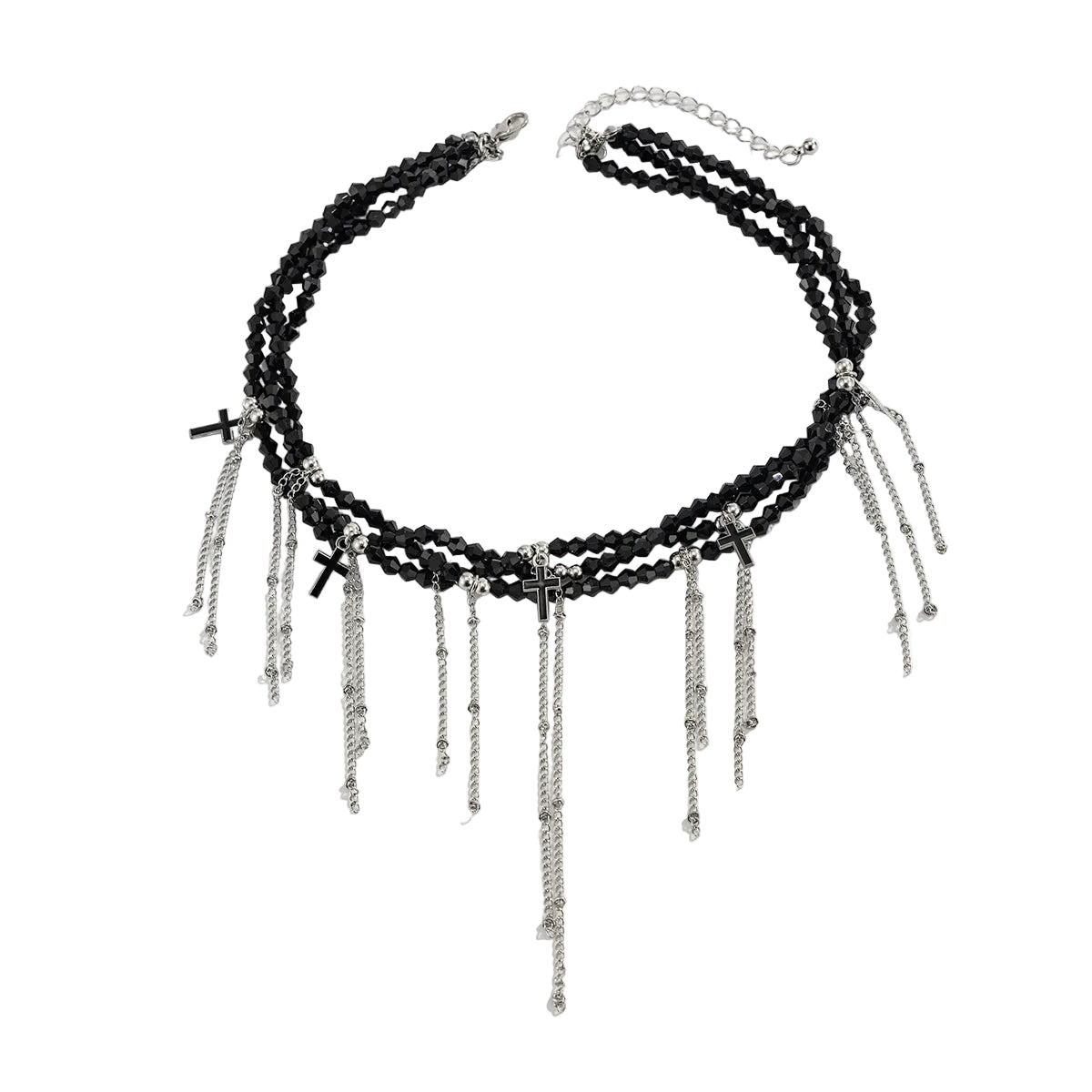 Black Acrylic and Enamel Silvertone Cross Tassel Layered Collar Necklace, vintage-inspired design, front view