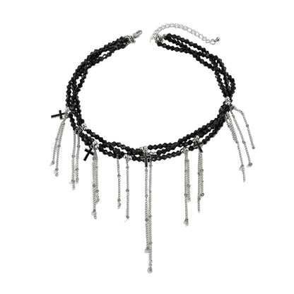 Black Acrylic and Enamel Silvertone Cross Tassel Layered Collar Necklace, vintage-inspired design, front view