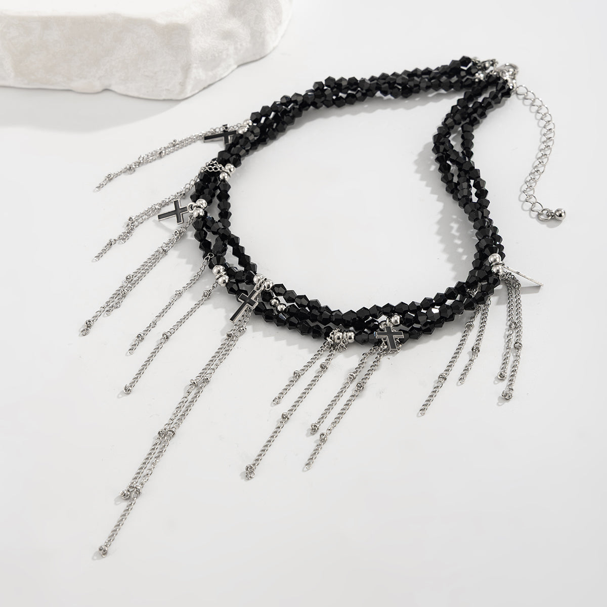 Black Acrylic and Enamel Silvertone Cross Tassel Layered Collar Necklace, vintage-inspired design, side view