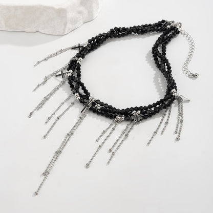 Black Acrylic and Enamel Silvertone Cross Tassel Layered Collar Necklace, vintage-inspired design, side view