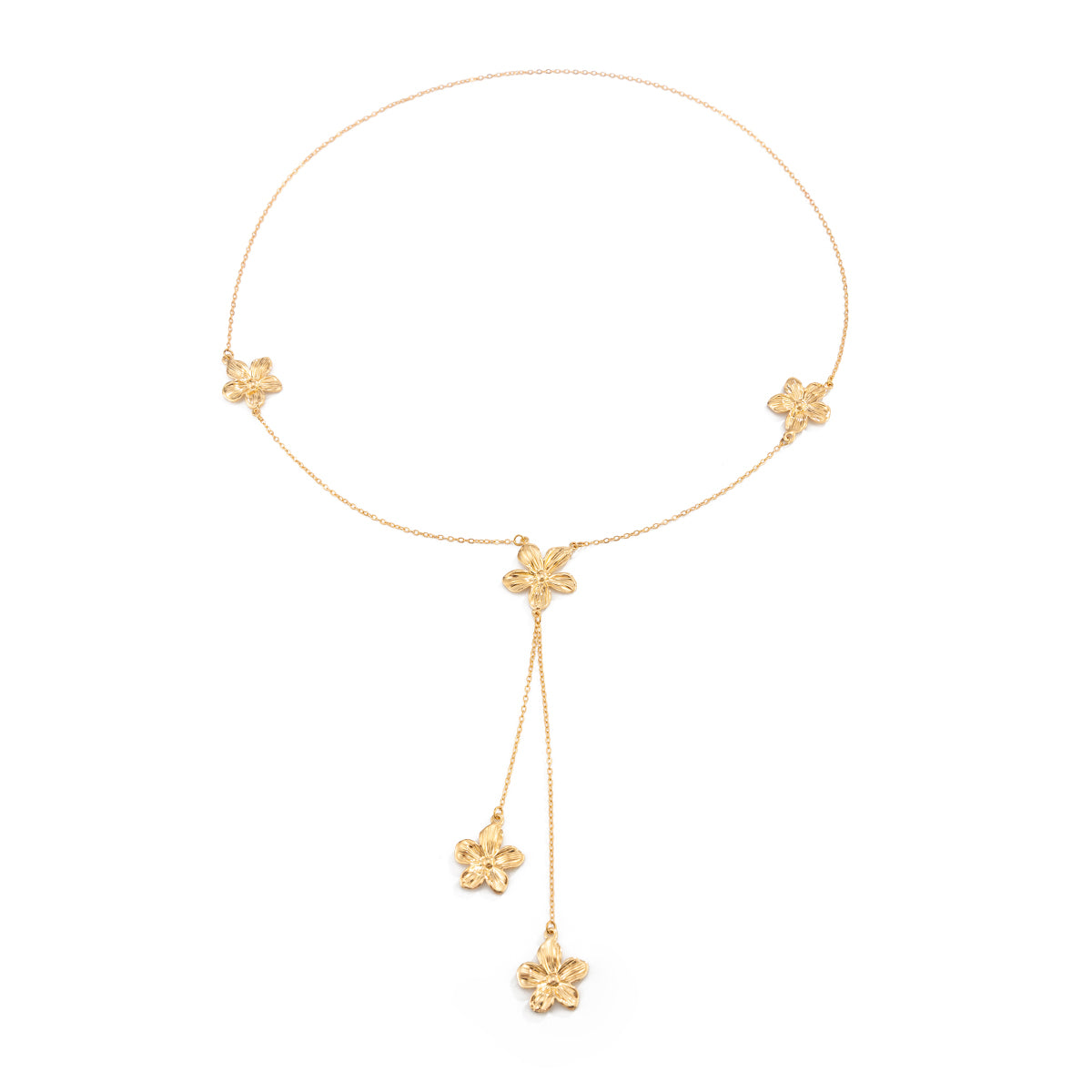 Goldtone Flower Tassel Pendant Necklace, botanical inspired, front view
