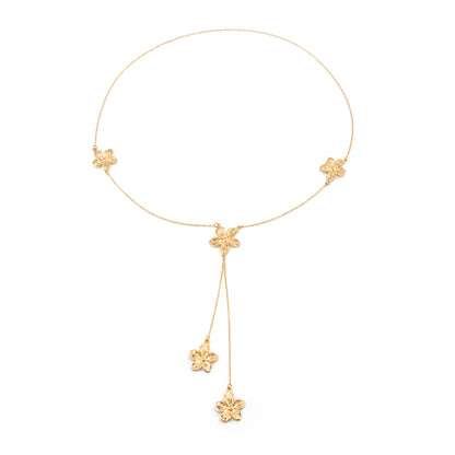 Goldtone Flower Tassel Pendant Necklace, botanical inspired, front view