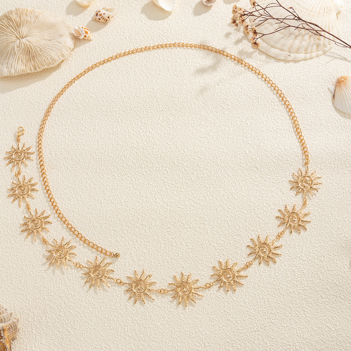 Goldtone Swirl Sun Charm Waist Chain, elegant gift for her, side view