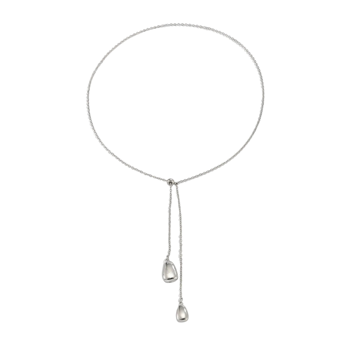 Silvertone Dual-Drop Lariat Necklace, dainty minimalist design, front view