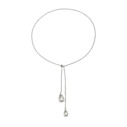 Silvertone Dual-Drop Lariat Necklace, dainty minimalist design, front view