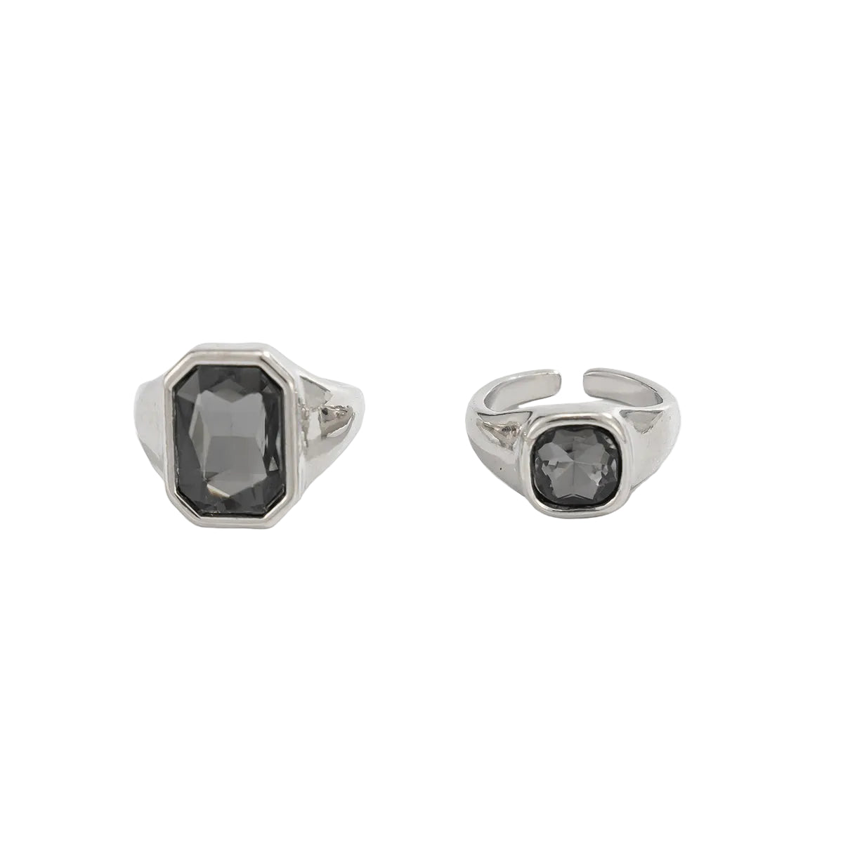Black Crystal and Silvertone Rectangle and Square Open Band Ring Set, botanical inspired, front view