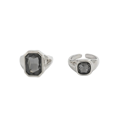 Black Crystal and Silvertone Rectangle and Square Open Band Ring Set, botanical inspired, front view
