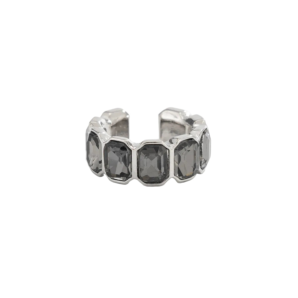 Gray Crystal and Silvertone Rectangle Open Band Ring, elegant gift for her, front view