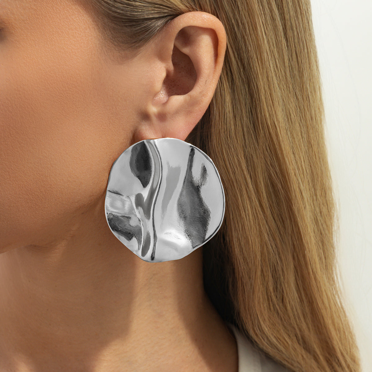 Silvertone Hammered Round Statement Earrings - Street Region