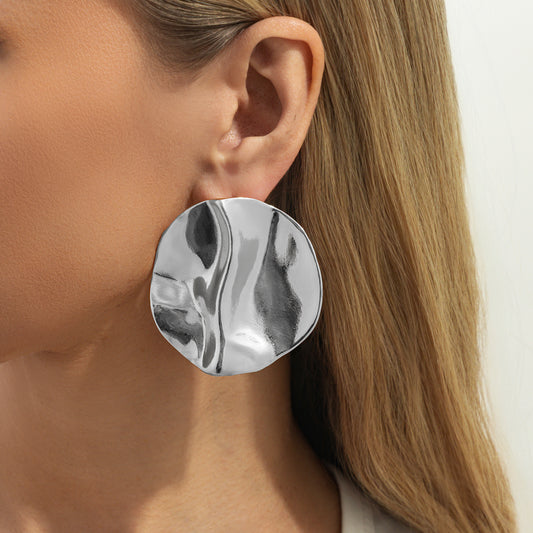 Silvertone Hammered Round Statement Earrings - Street Region