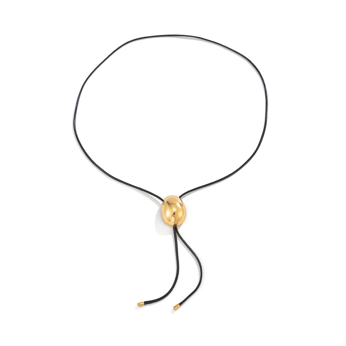 Black Polyster and Goldtone Oval Tassel Necklace, botanical inspired, front view