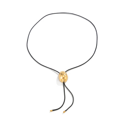 Black Polyster and Goldtone Oval Tassel Necklace, botanical inspired, front view