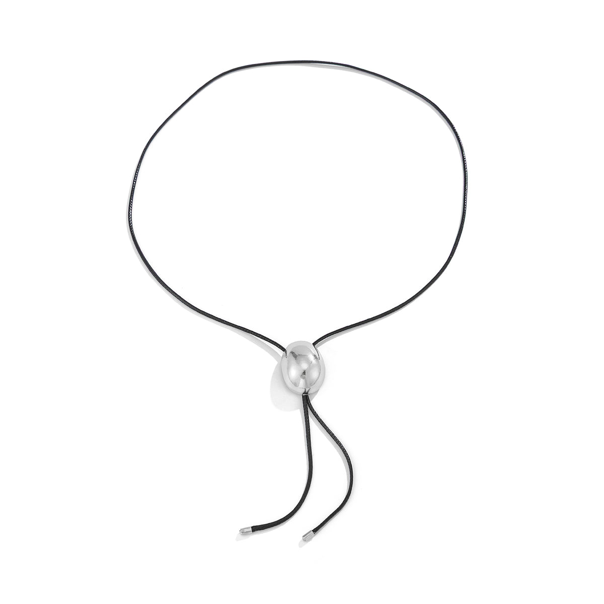 Black Polyster and Silvertone Oval Tassel Necklace, botanical inspired, front view