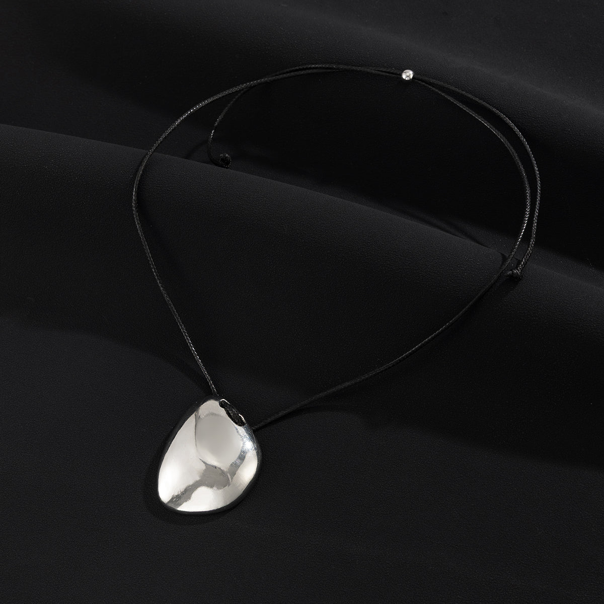 Black Polyster and Silvertone Irregular Pendant Necklace, elegant gift for her, side view