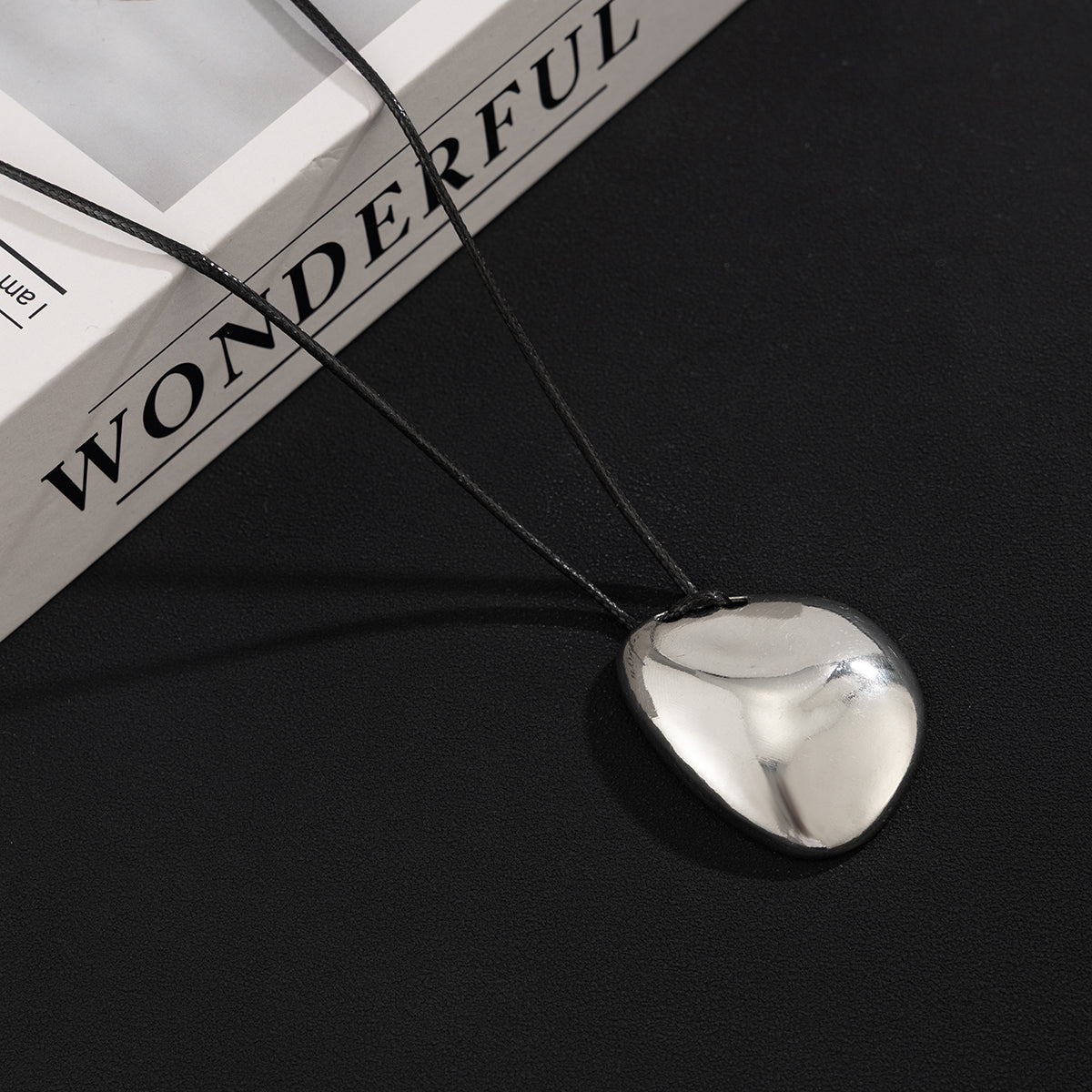 Black Polyster and Silvertone Irregular Pendant Necklace, elegant gift for her, detail close-up