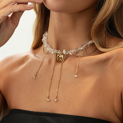 Clear Resin and Goldtone Swallow Pendant Tassel Necklace, everyday style, lifestyle look