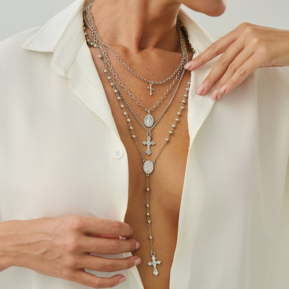 Silvertone Marry Oval Pendant Cross Drop Necklace Set, silver pendant necklace for women, everyday style, lifestyle look