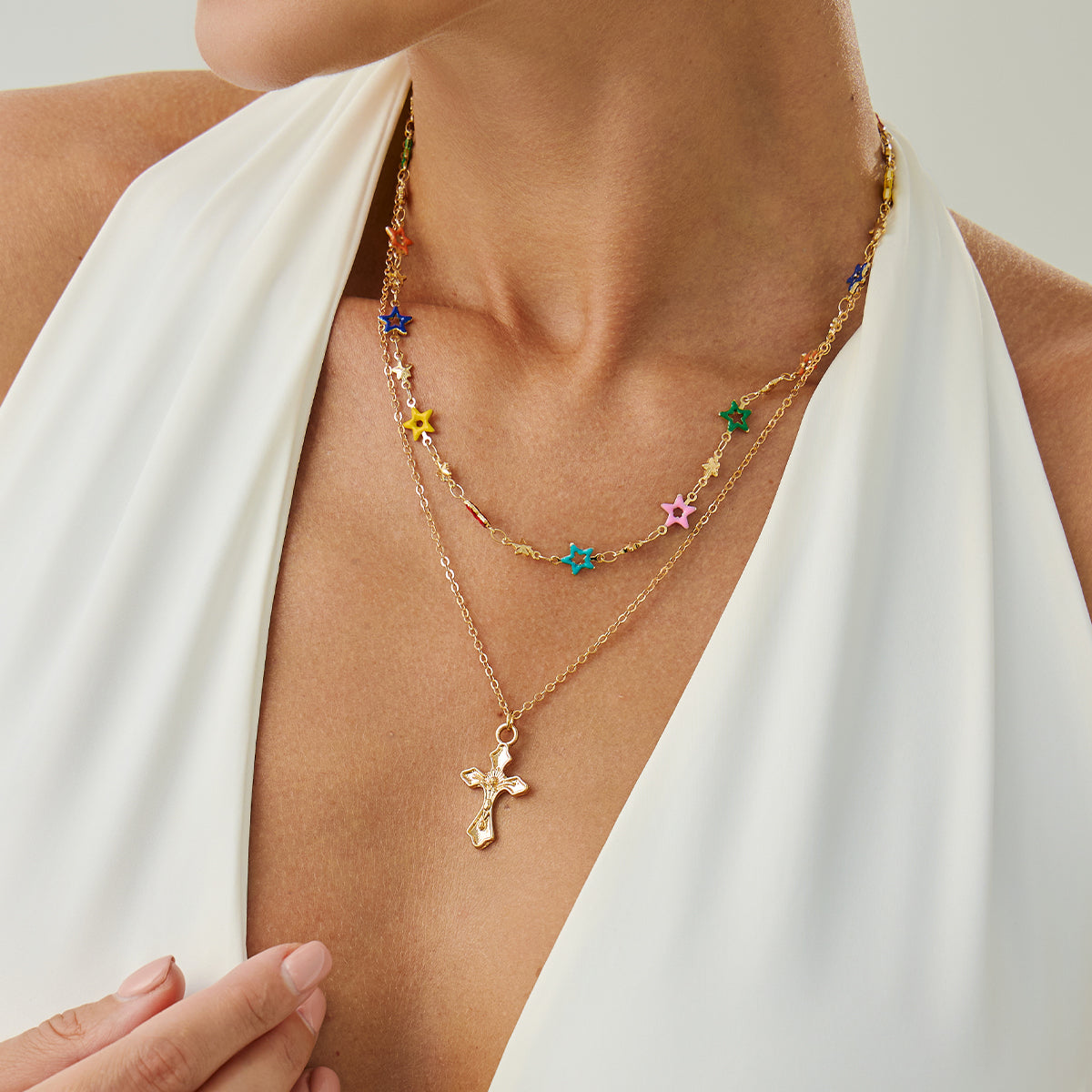 Multi-Colored Enamel and Goldtone Star Station Cross Pendant Necklace Set, gold pendant necklace for women, lifestyle look